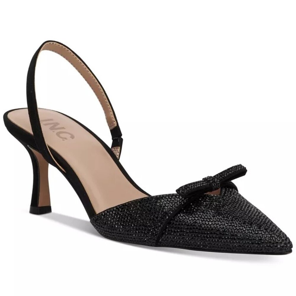 EUC I.N.C. Women's Slingback Kitten Heel with Black Crystal & Bow Detail Sz 8